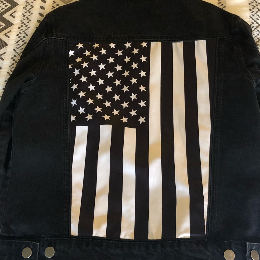 Forever 21 Black Denim Jacket American Flag Patch